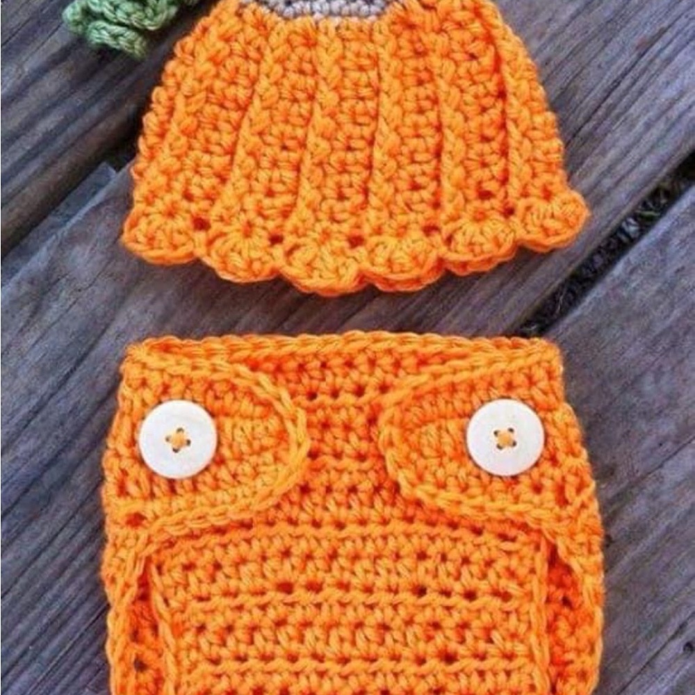 Handmade Orange Crochet Baby Hat and Diaper Cover Set